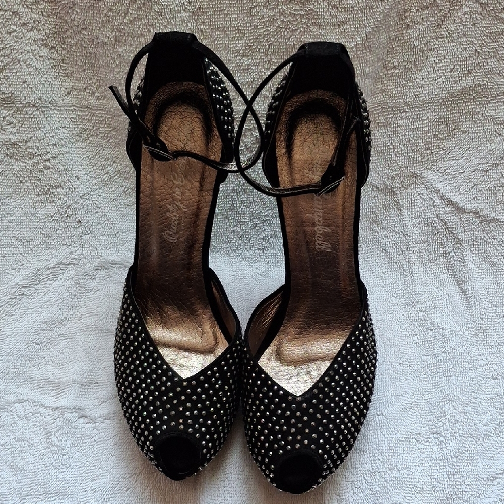 Jeffrey Campbell Black Studded Heels Peep Toe Suede Studded Rhinestones Sz 8 Gla